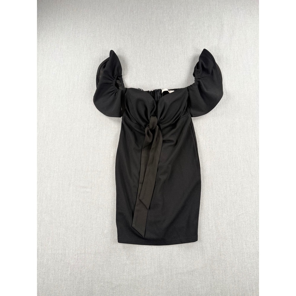 Vera & Lucy Black Off Shoulder Puff Sleeve Tie Front Mini Dress Womens XS NEW
